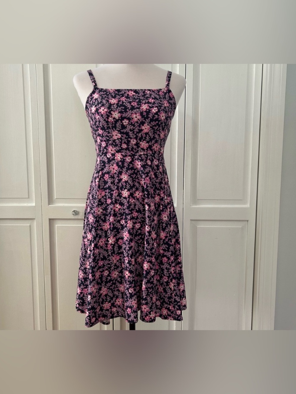 H&M Black Midi Dress with Pink Floral Print